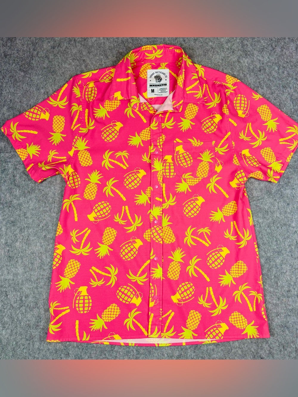 Savage Tacticians Shirt Mens Medium Pink Pineapple Palm Grenade Hawaiian